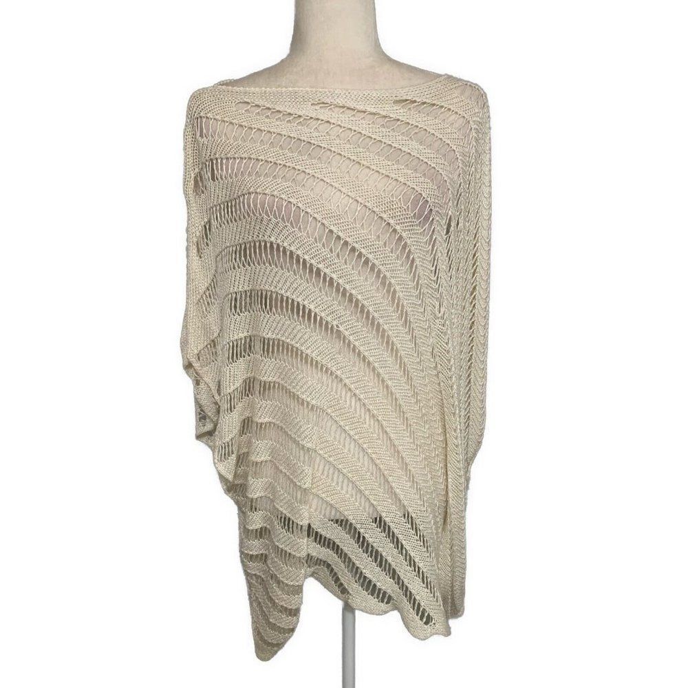 Kessley Womens Solid White Knit Mesh Poncho Sweater Top One Size